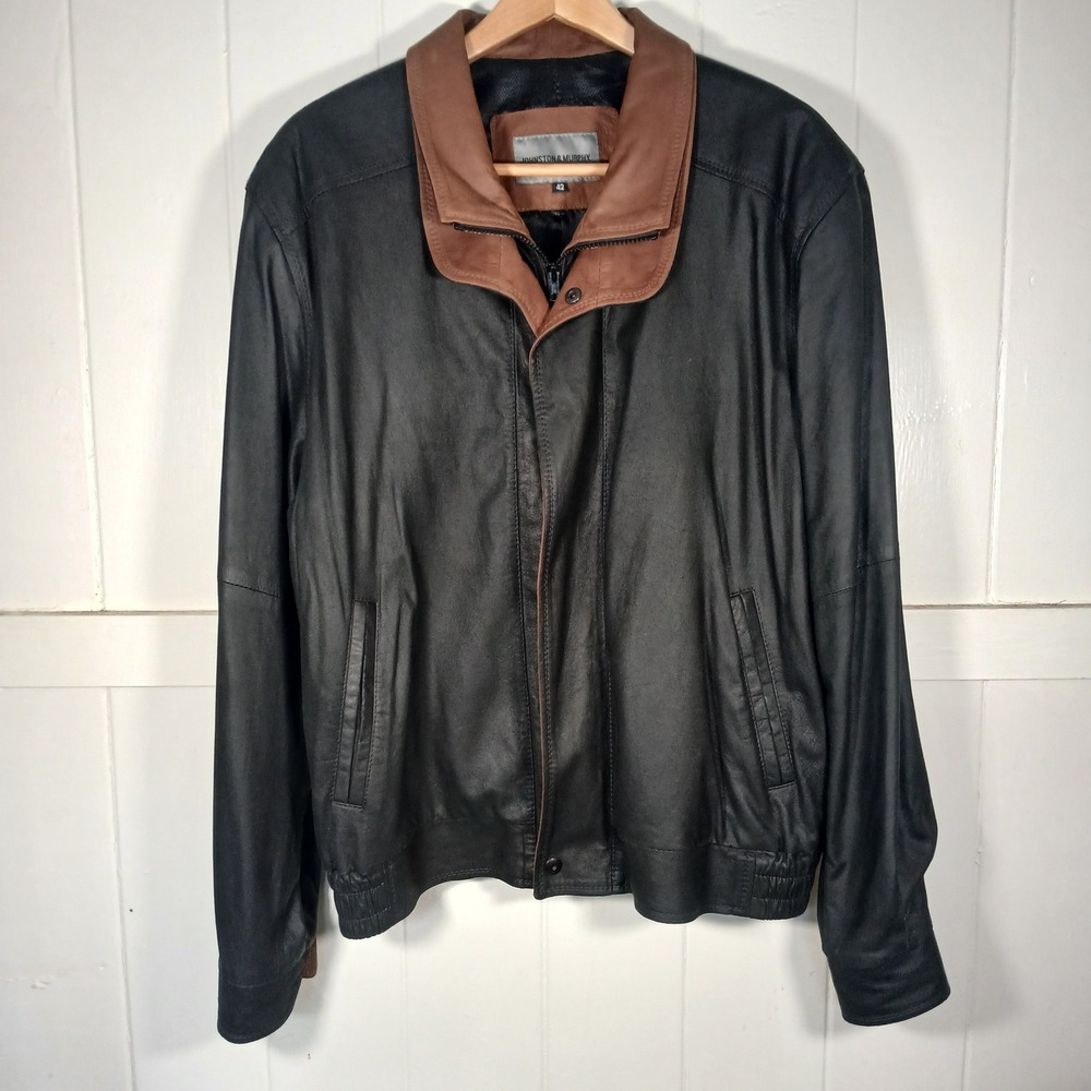 Johnston & Murphy Leather Jacket Men 42 Black Brown Bomber Zip Front